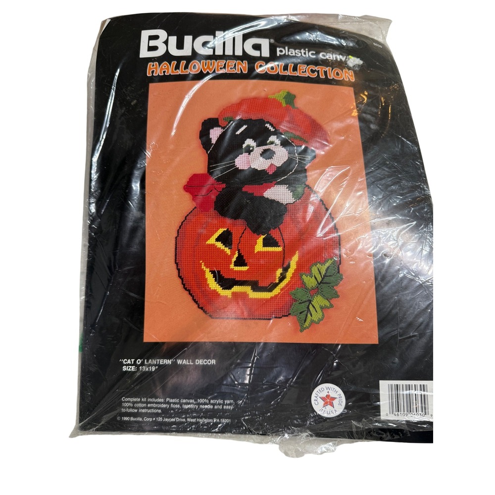 Bucilla Vintage Plastic Canvas Kit Orange 1990 NEW Halloween Cat O Lantern 13x19